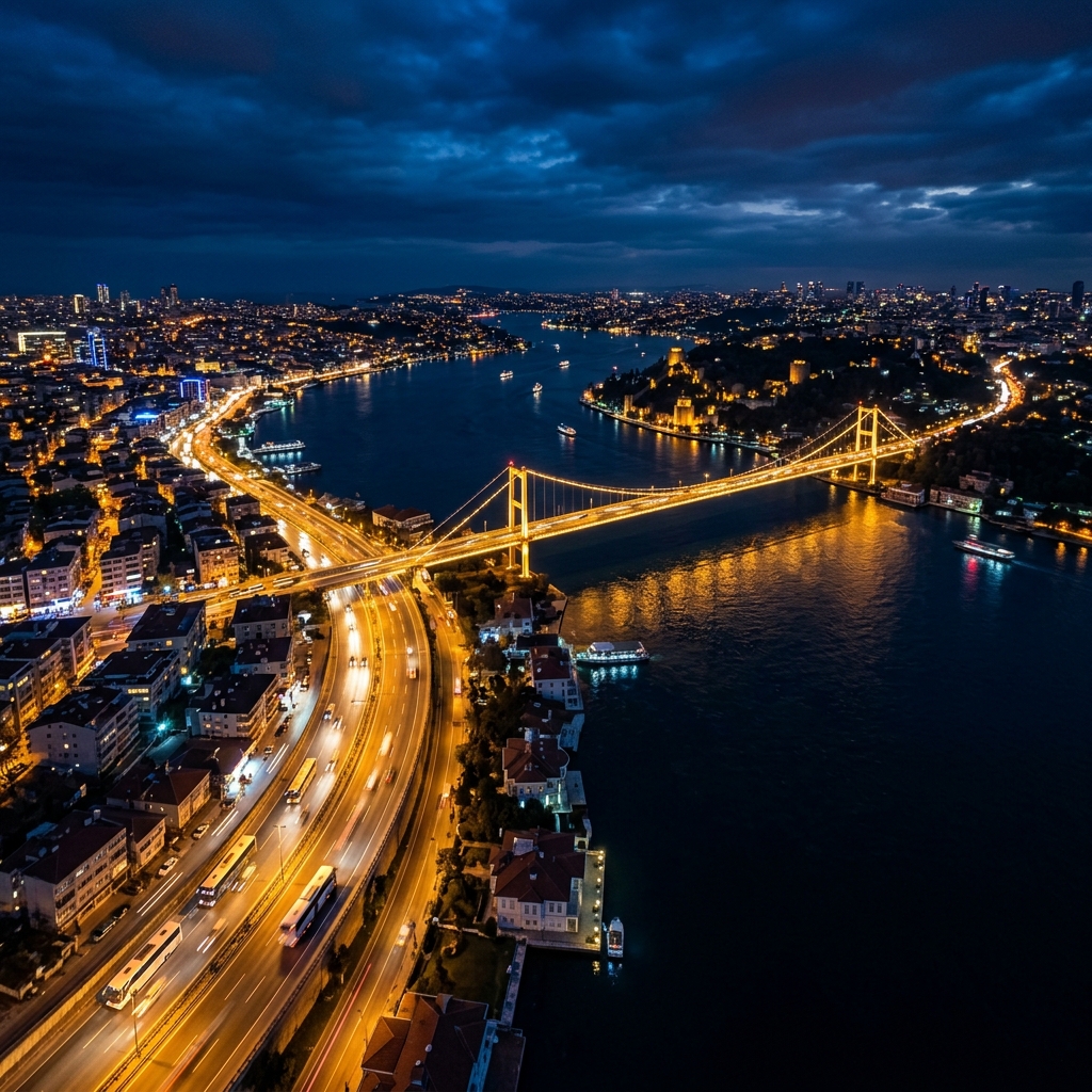 İstanbul Boğazı ve köprü — havadan gece görünümü